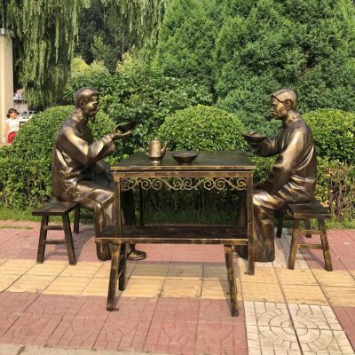 大碗茶，玻璃鋼仿銅民俗生活人物情景雕塑