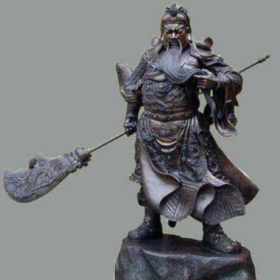 古銅關(guān)公像，右手持刀左手捻須站立的關(guān)于銅雕像
