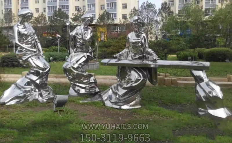 不銹鋼創(chuàng)意抽象彈古箏的人文景觀彈雕塑