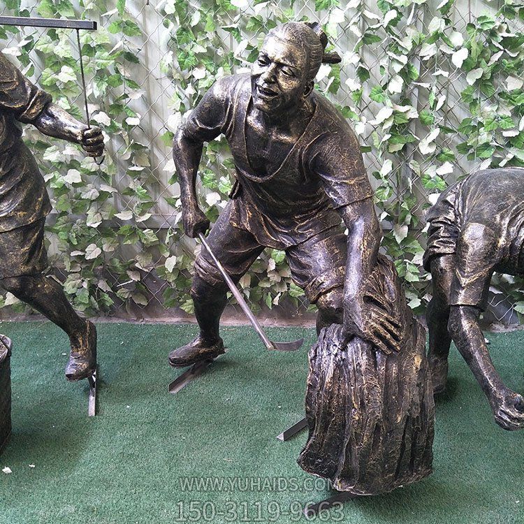 割稻子，玻璃鋼仿銅農(nóng)耕人物雕塑