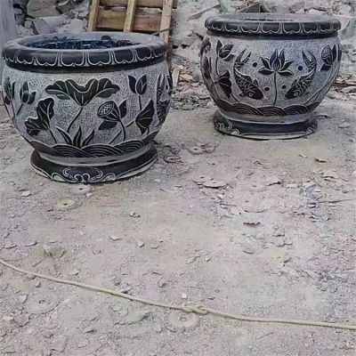 鯉魚，荷花，荷葉紋飾石雕水缸